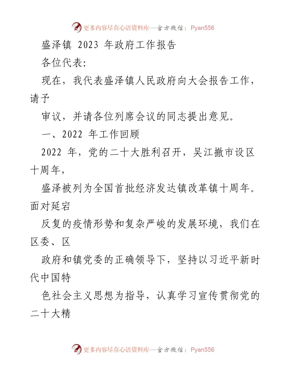 [工作报告] 政府工作会议 - 盛泽镇2023年政府工作报告.docx_第1页