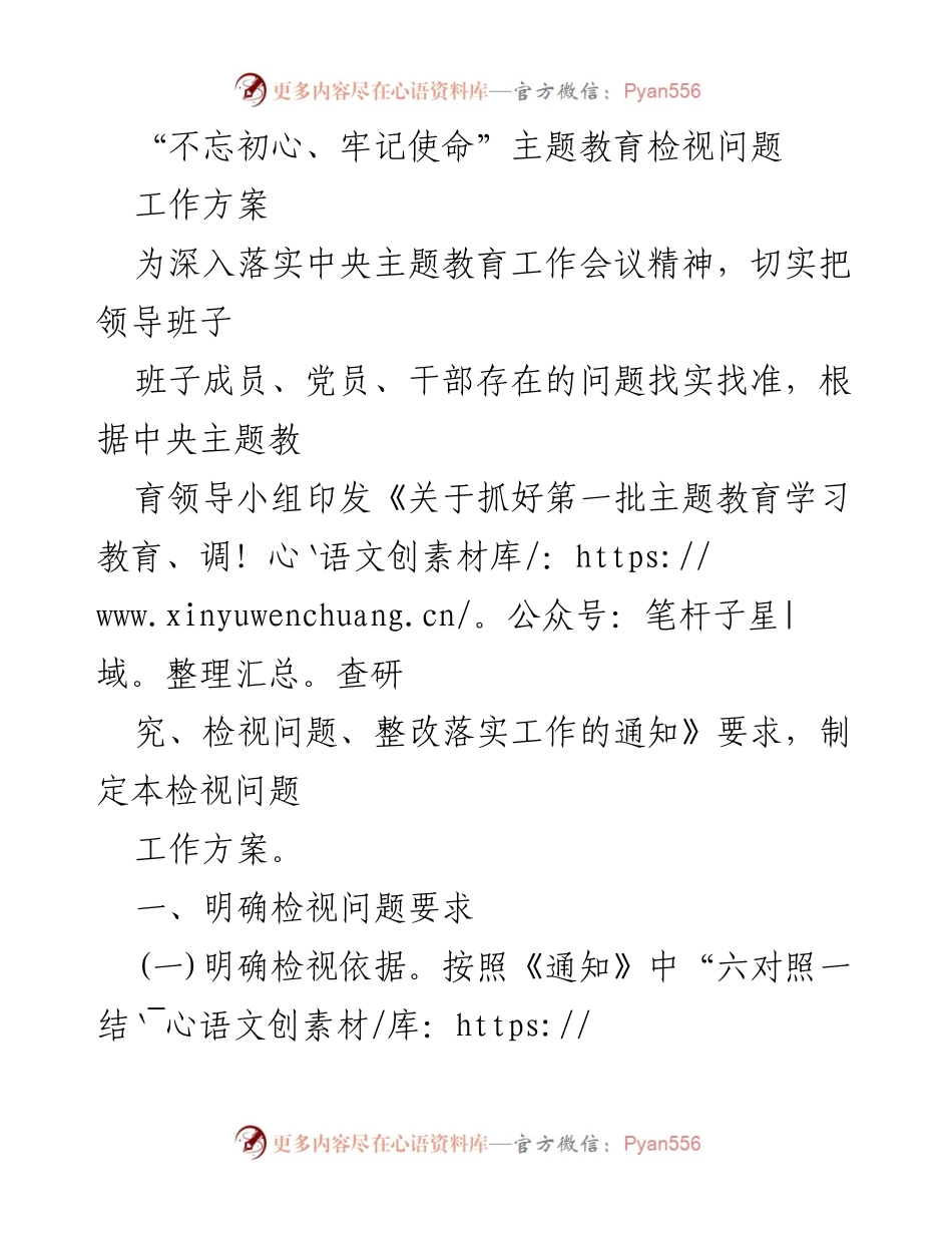 [工作方案] 主题教育 - 不忘初心、牢记使命主题教育检视问题工作方案.docx_第1页