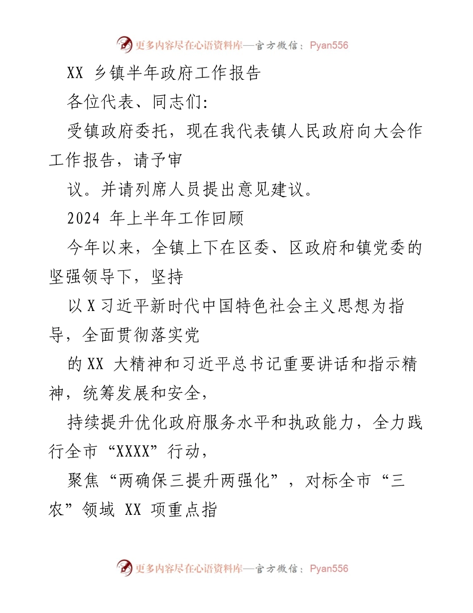 [工作报告] 政府会议 - XX乡镇2024年上半年政府工作总结报告.docx_第1页