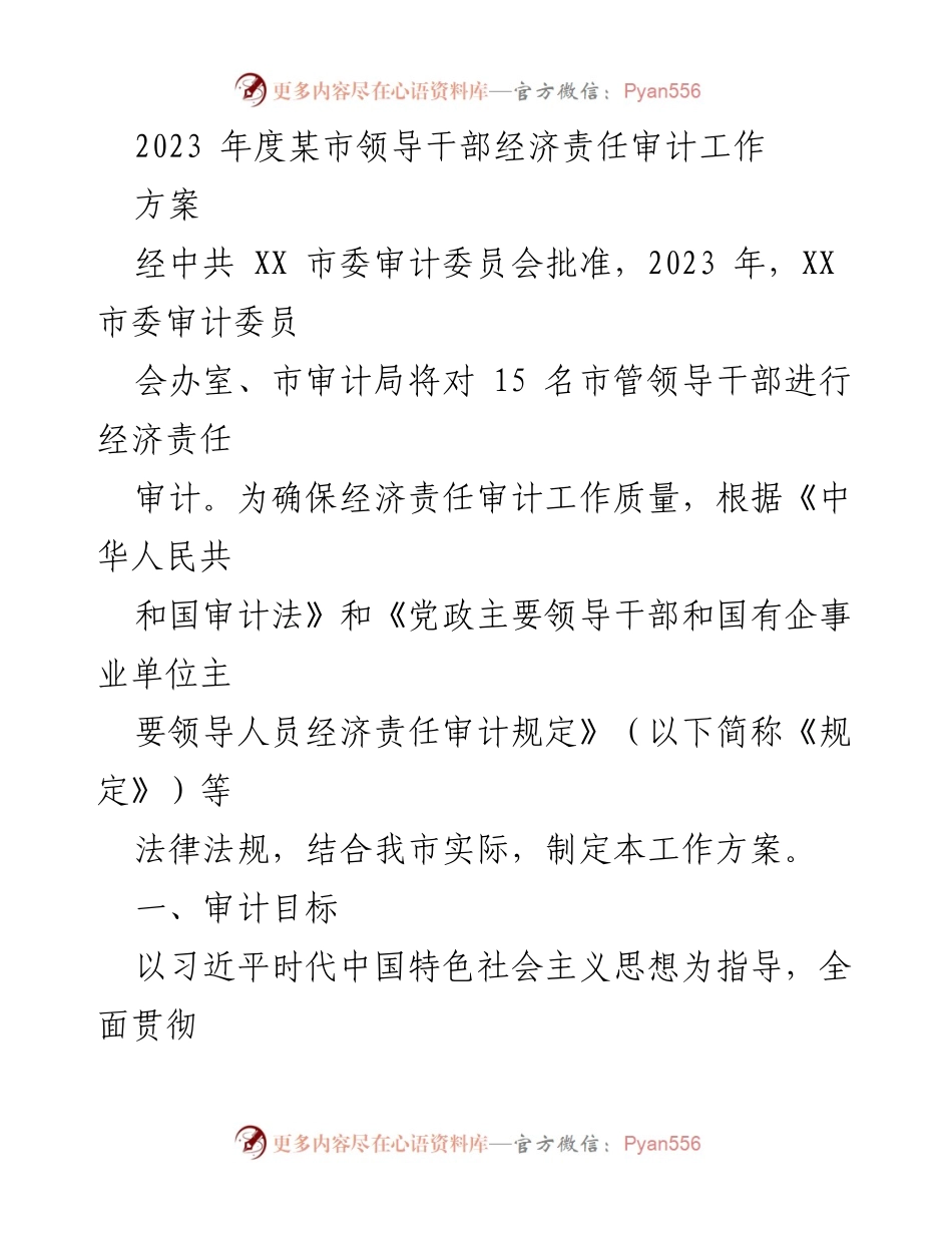 [工作方案] 经济责任审计 - 2023年度某市领导干部经济责任审计工作方案.docx_第1页
