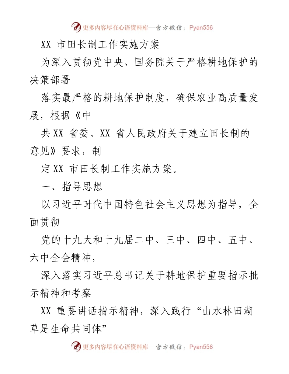 [工作方案] 田长制实施 - XX市田长制工作实施方案.docx_第1页