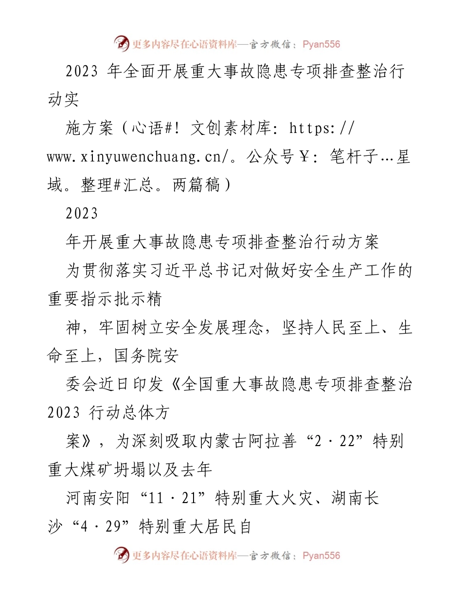 [工作方案] 安全生产 - 2023年重大事故隐患专项排查整治行动实施方案.docx_第1页
