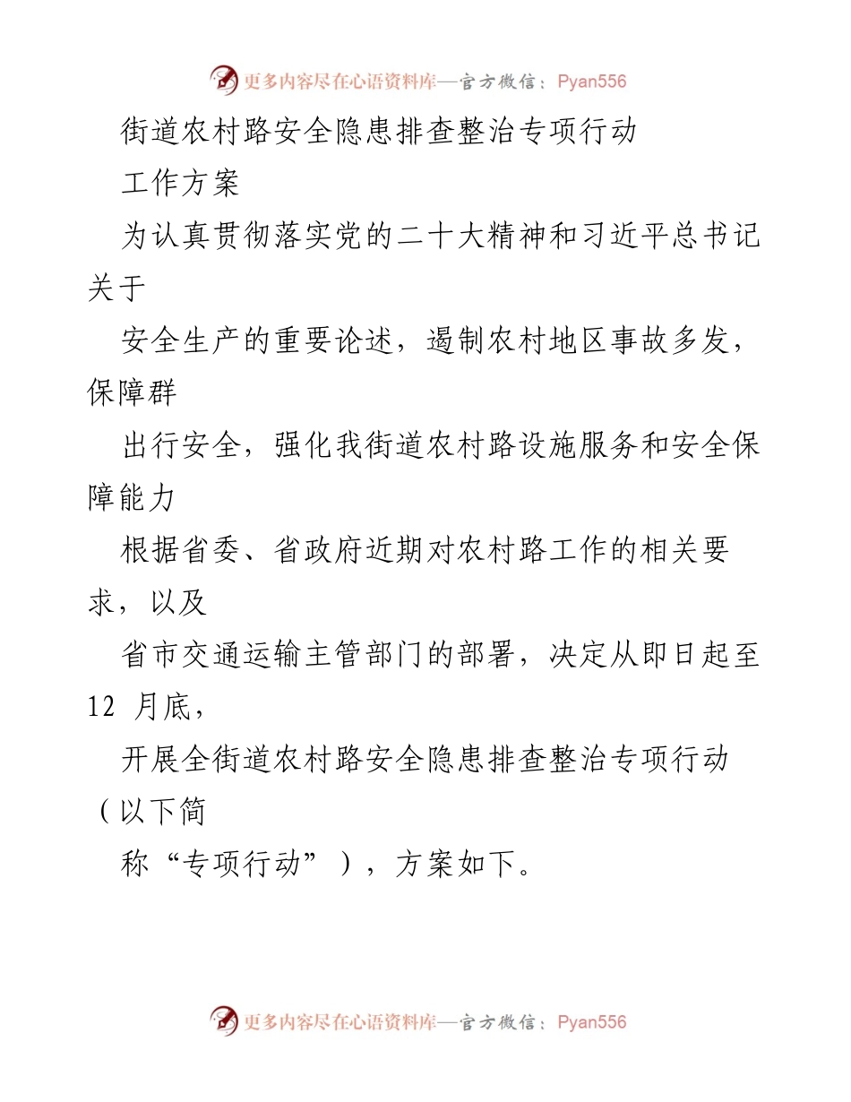 [工作方案] 农村路安全隐患整治 - 农村路安全隐患排查整治专项行动实施方案.docx_第1页