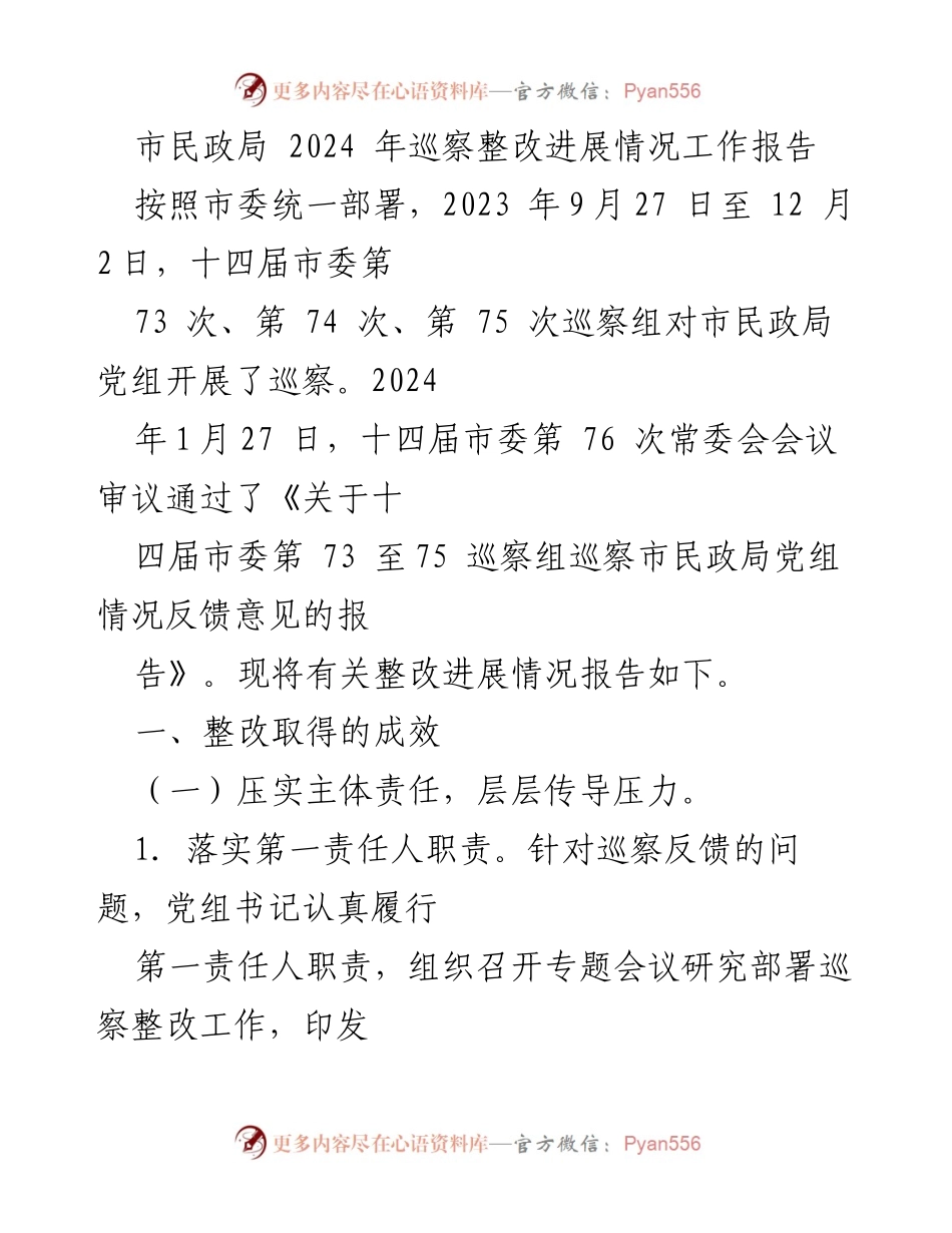 [工作报告] 市民政局 - 2024年巡察整改进展情况汇报.docx_第1页