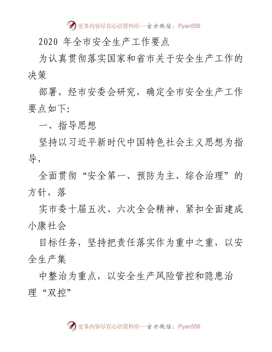 [工作要点] 安全生产工作会议 - 2020年全市安全生产工作要点.docx_第1页