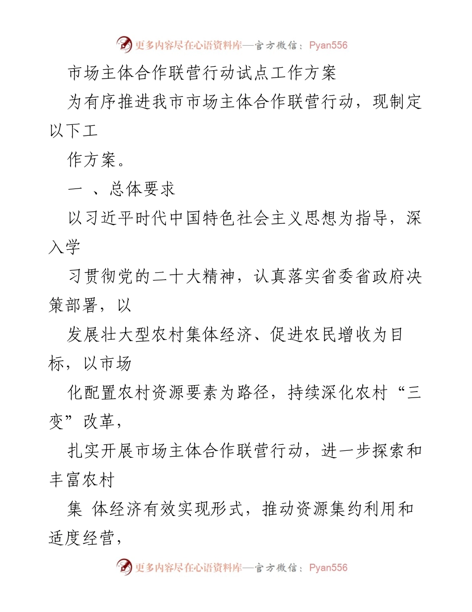 [工作方案] 市场主体合作联营行动 - 推进农村集体经济发展的市场主体合作联营行动试点工作方案.docx_第1页