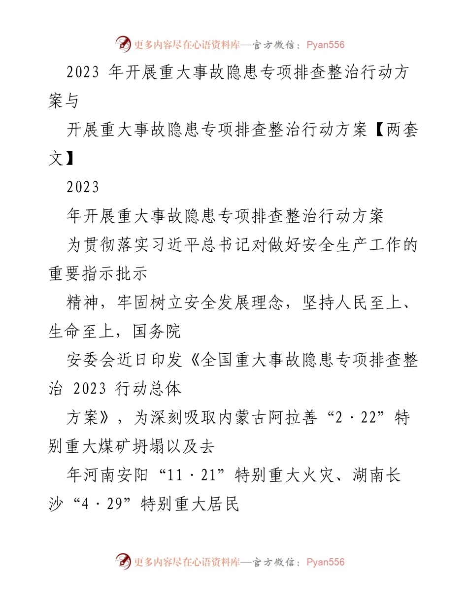 [工作方案] 安全生产会议 - 2023年重大事故隐患专项排查整治行动方案.docx_第1页