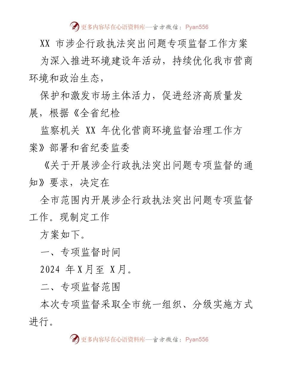[工作方案] 专项监督 - XX市涉企行政执法突出问题专项监督工作方案.docx_第1页