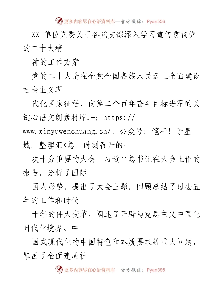 [工作方案] 党支部学习 - 深入学习宣传贯彻党的二十大精神的工作方案.docx_第1页