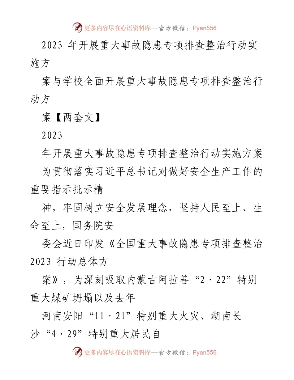 [工作方案] 安全生产 - 2023年重大事故隐患专项排查整治行动实施方案_1.docx_第1页