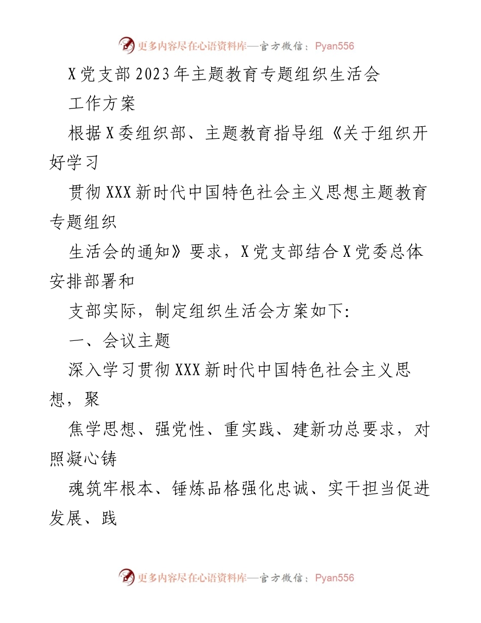 [工作方案] 党支部会议 - X党支部2023年主题教育专题组织生活会工作方案.docx_第1页