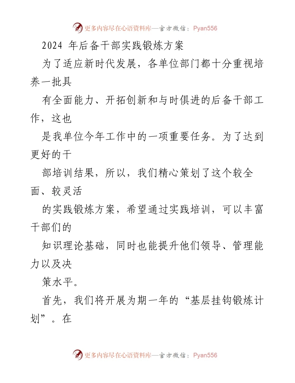 [工作方案] 后备干部培训 - 2024年后备干部实践锻炼方案.docx_第1页