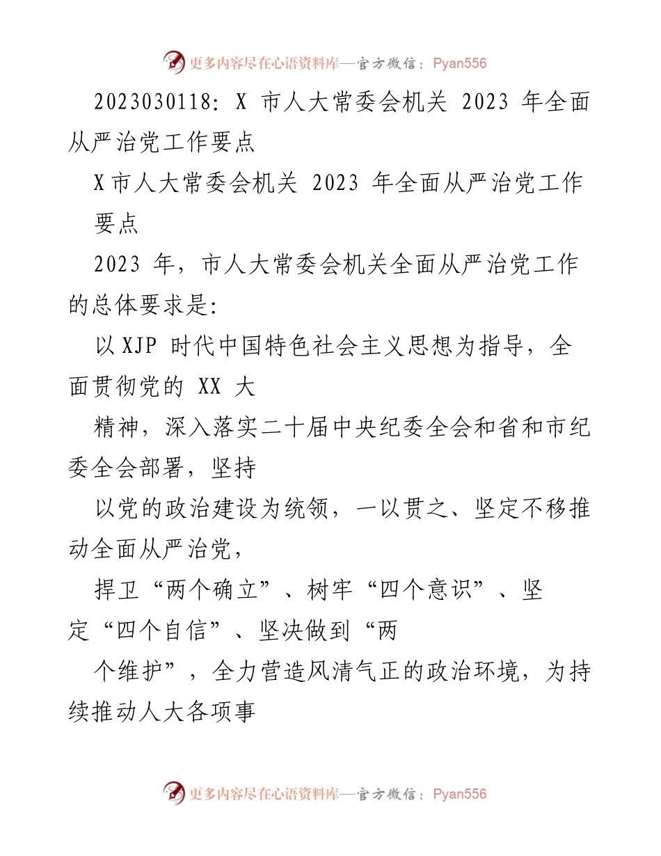 [工作要点] 市人大常委会 - 2023年全面从严治党工作要点_1.docx_第1页