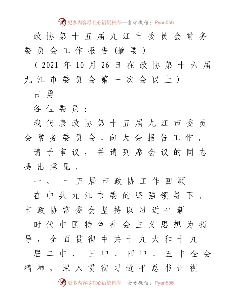 [工作报告] 政协会议 - 九江政协工作回顾与展望.docx_第1页