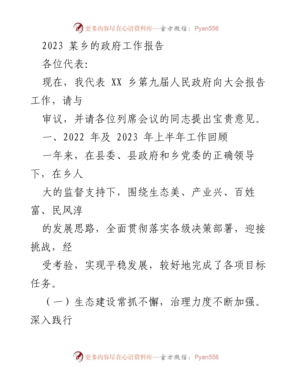[工作报告] 政府会议 - 2023年某乡政府工作报告.docx_第1页