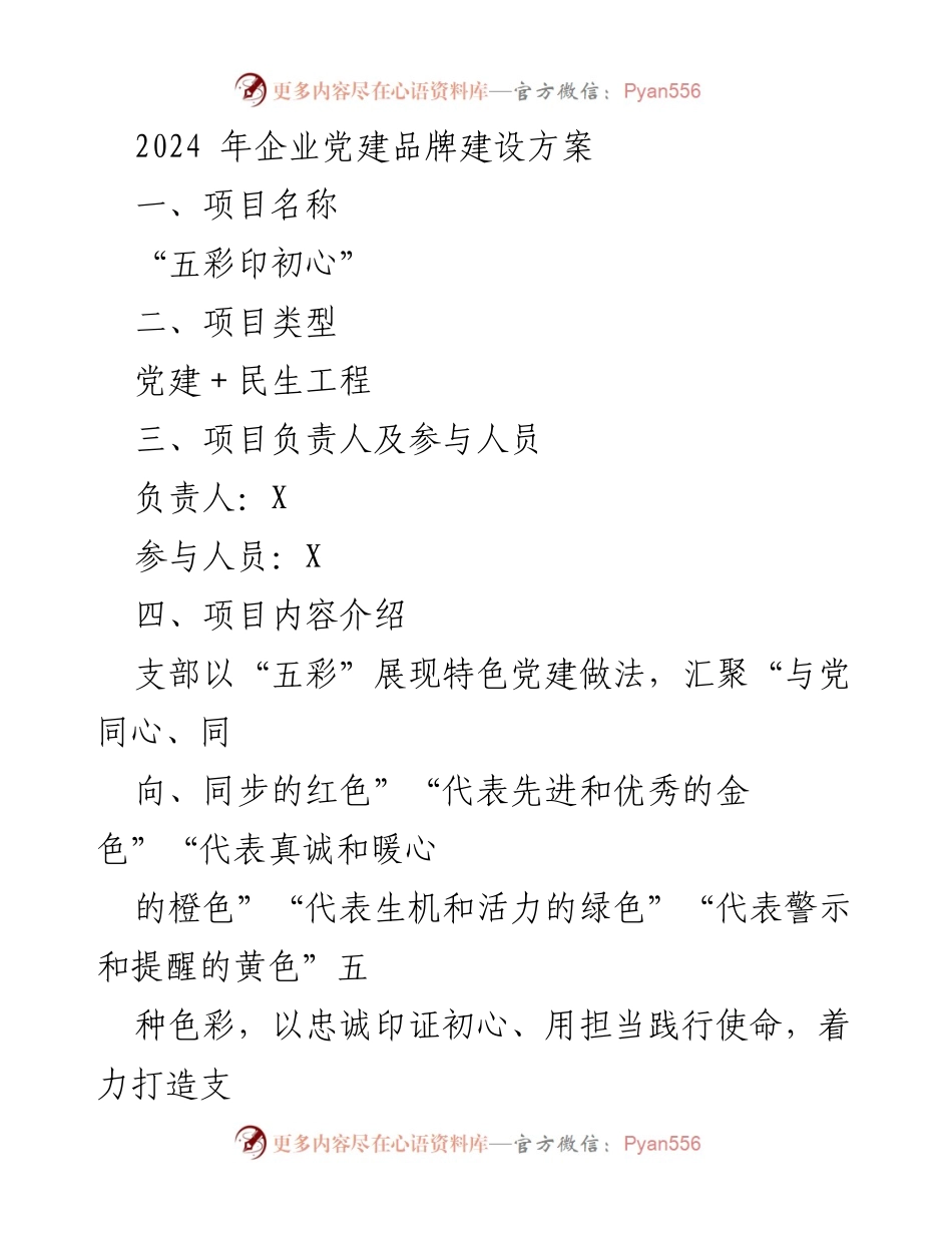 [工作方案] 企业党建活动 - “五彩印初心”党建品牌建设方案.docx_第1页