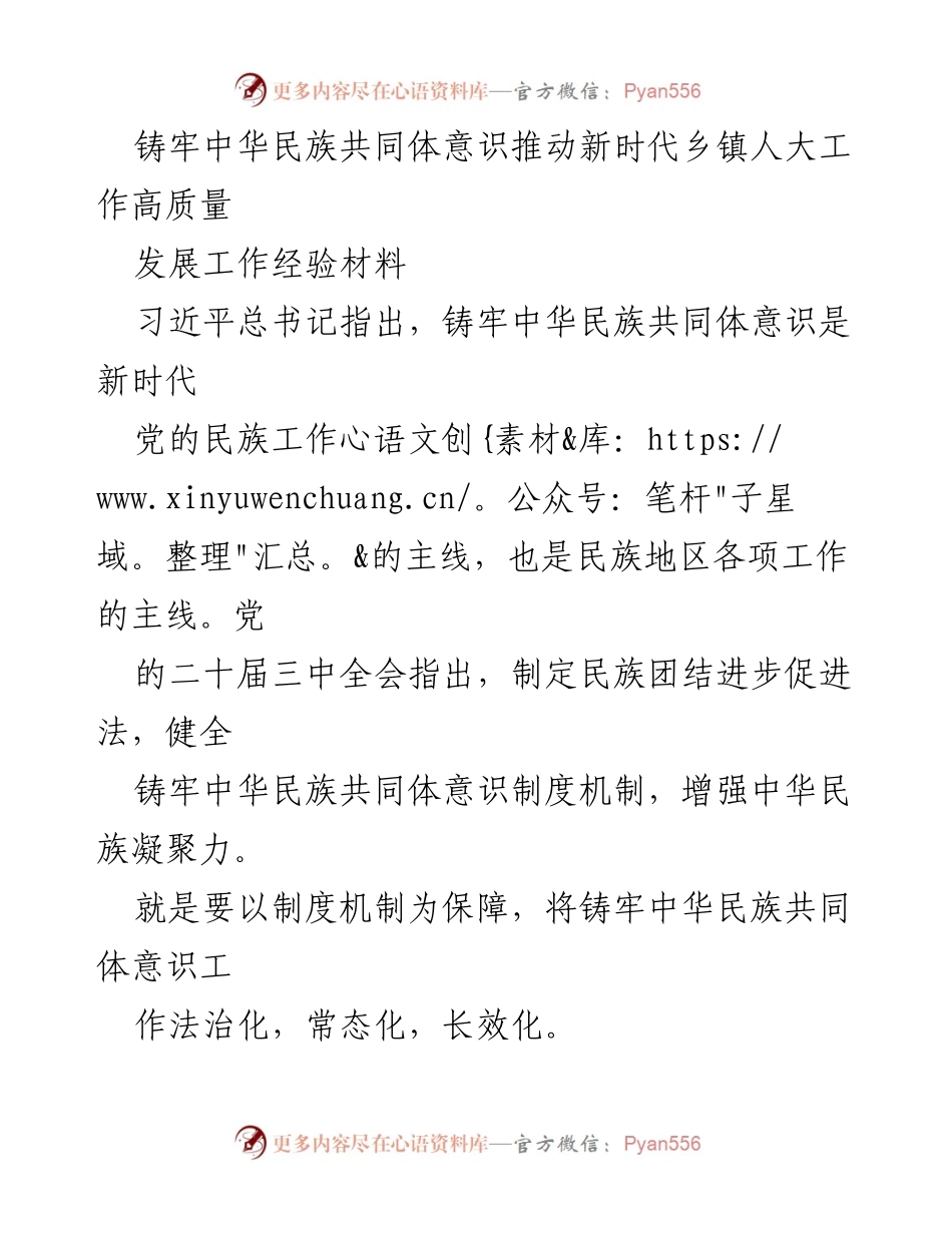 [工作经验材料] 乡镇人大工作 - 推动中华民族共同体意识的高质量发展.docx_第1页
