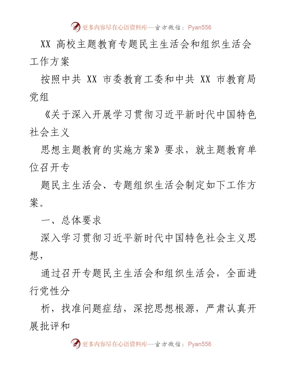 [工作方案] 高校主题教育 - XX高校专题民主生活会和组织生活会实施方案.docx_第1页