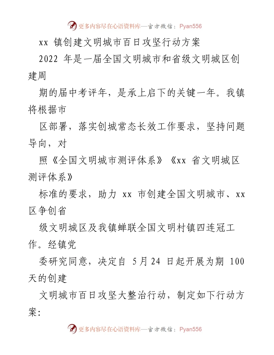 [工作方案] 创建文明城市 - xx 镇创建文明城市百日攻坚行动方案.docx_第1页