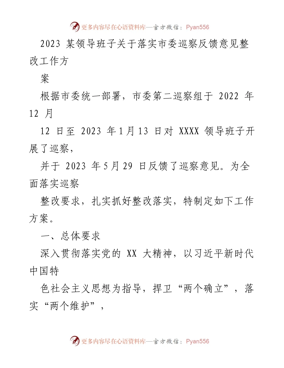 [工作方案] 巡察整改 - 2023年市委巡察反馈意见整改工作方案_1.docx_第1页