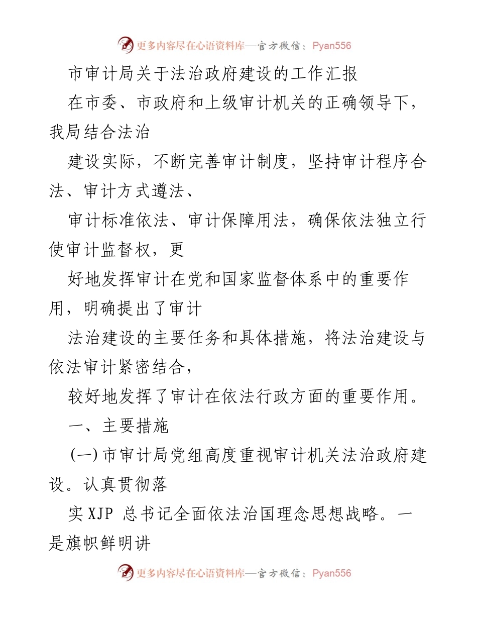 [工作汇报] 市审计局 - 法治政府建设工作汇报与主要措施.docx_第1页