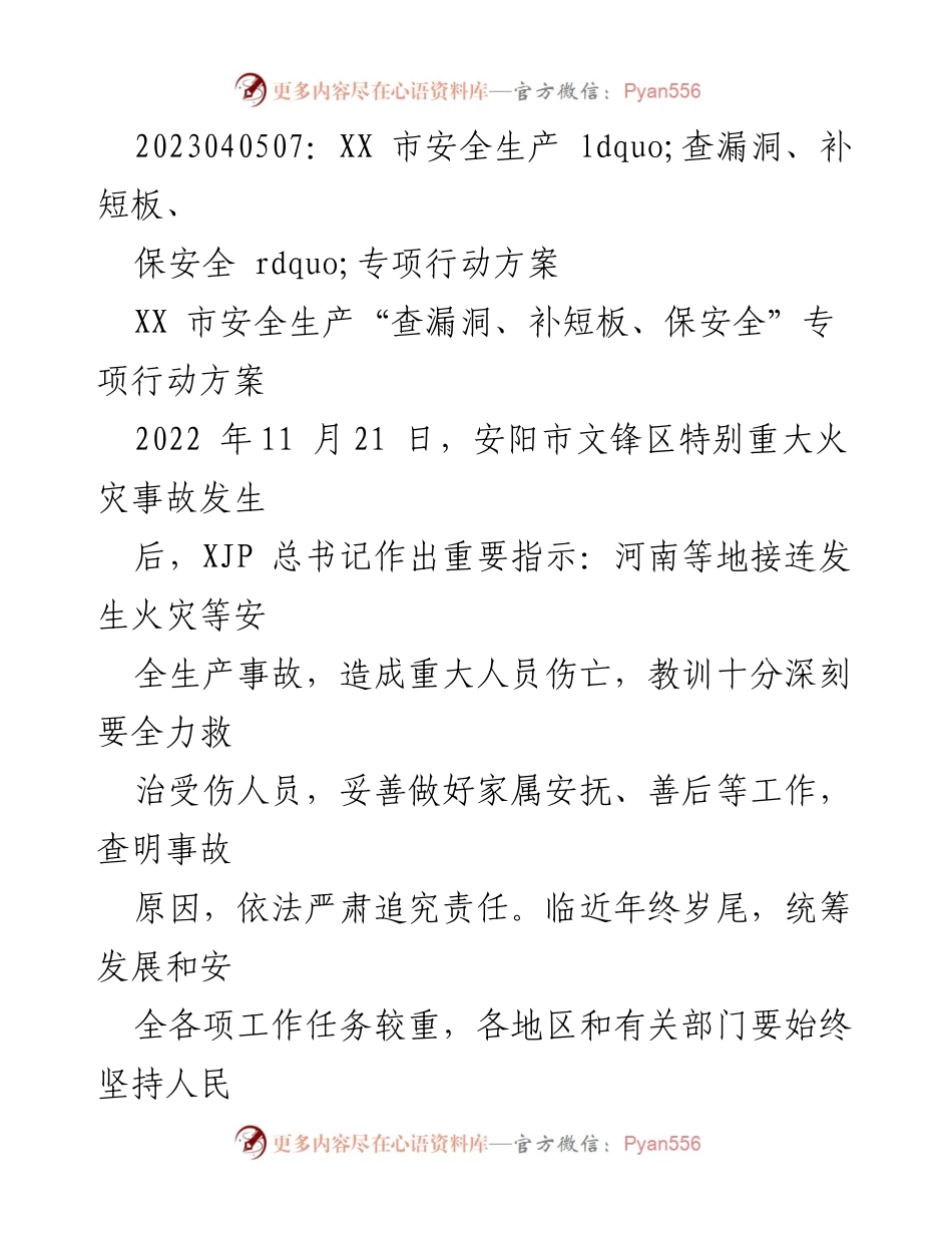 [工作方案] 安全生产专项行动 - XX市安全生产“查漏洞、补短板、保安全”专项行动方案.docx_第1页