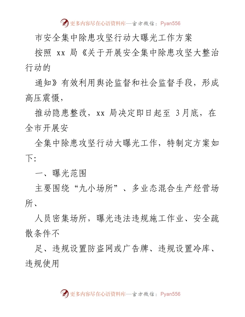 [工作方案] 市安全集中除患攻坚行动 - 安全集中除患攻坚行动大曝光工作方案.docx_第1页