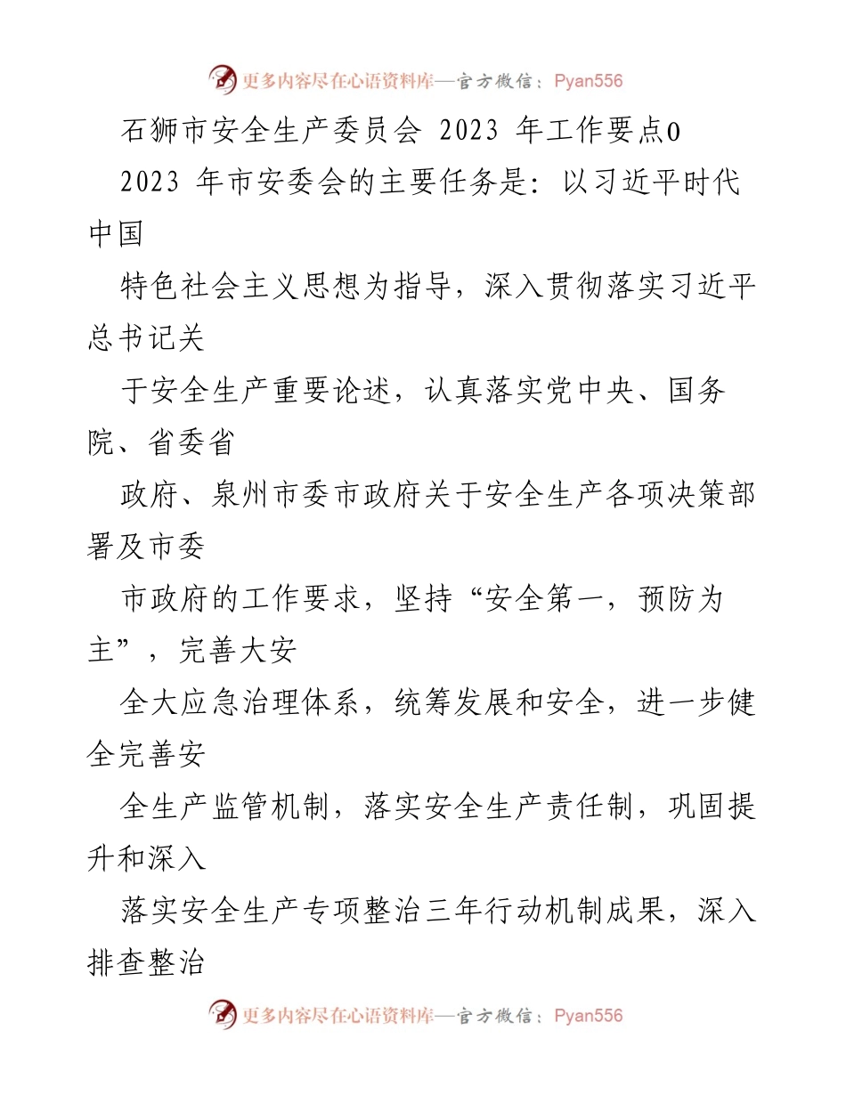 [工作要点] 安全生产委员会会议 - 2023年石狮市安全生产工作要点及实施计划.docx_第1页
