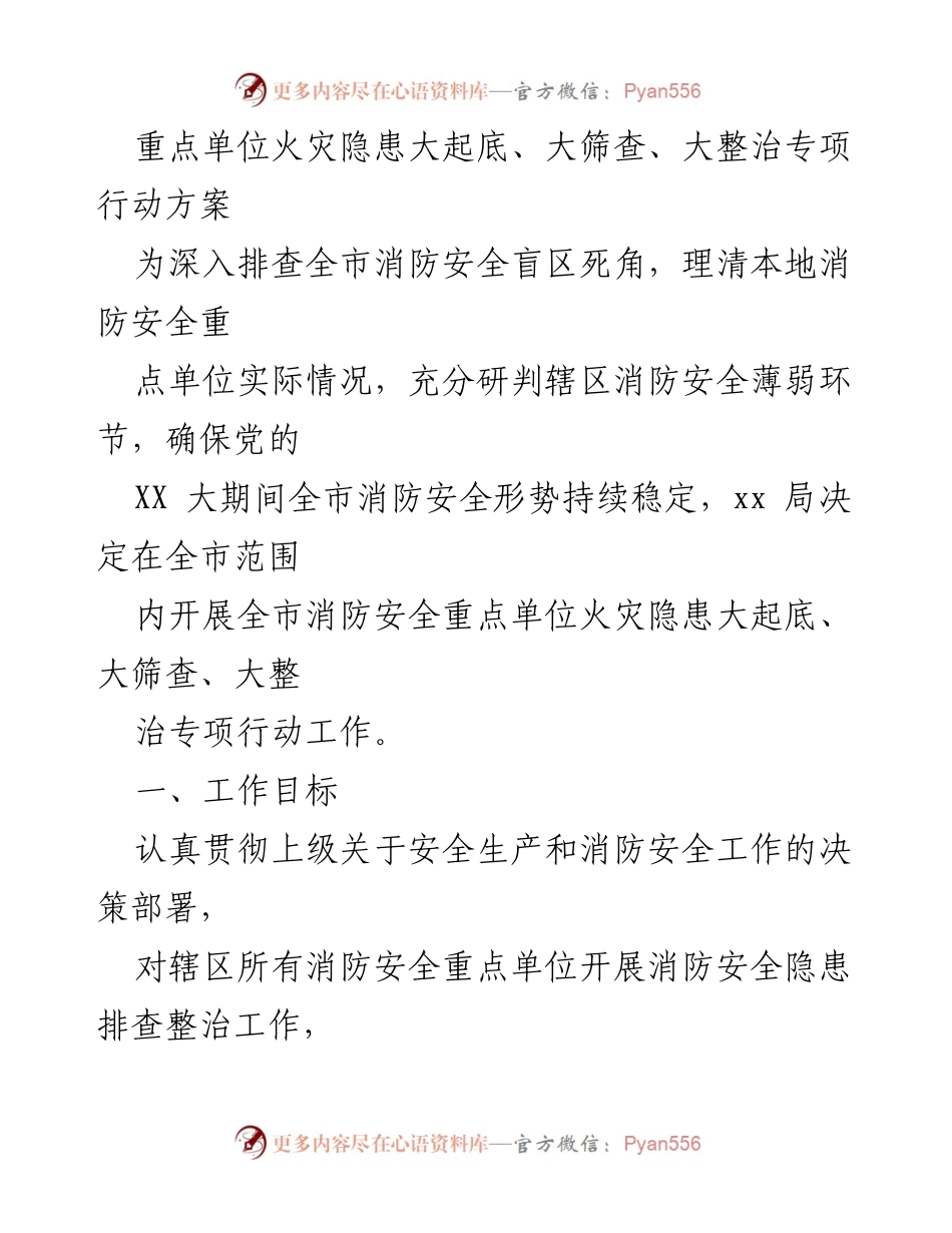 [工作方案] 消防安全专项行动 - 全市消防安全重点单位火灾隐患排查整治专项行动方案.docx_第1页