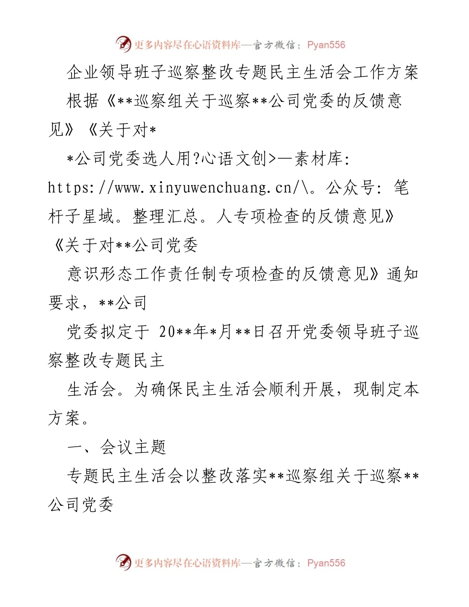 [工作方案] 党委领导班子 - 巡察整改专题民主生活会工作方案.docx_第1页