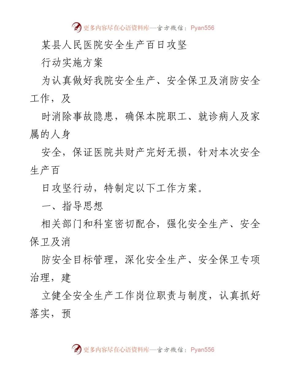 [工作方案] 医院安全生产 - 某县人民医院安全生产百日攻坚行动实施方案.docx_第1页