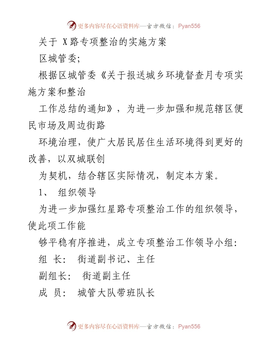 [工作方案] 城区环境整治 - X路专项整治实施方案.docx_第1页