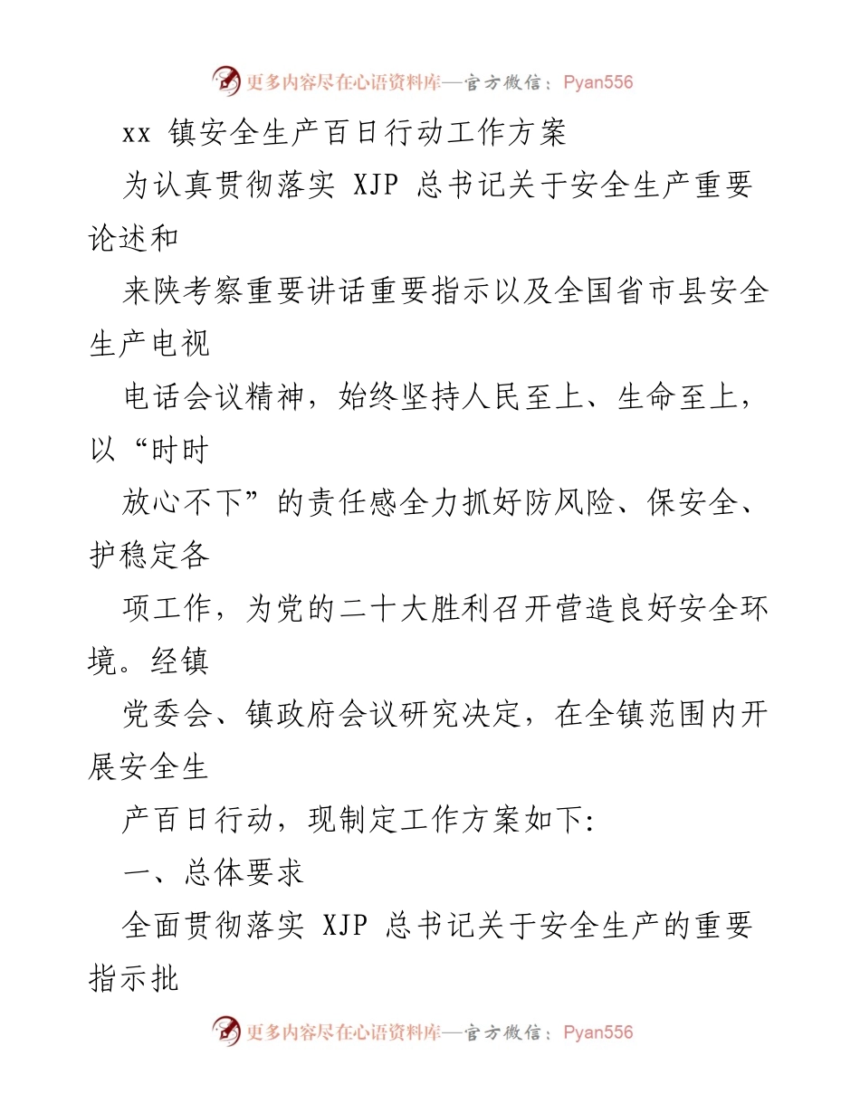 [工作方案] 镇安全生产会议 - xx 镇安全生产百日行动实施方案.docx_第1页