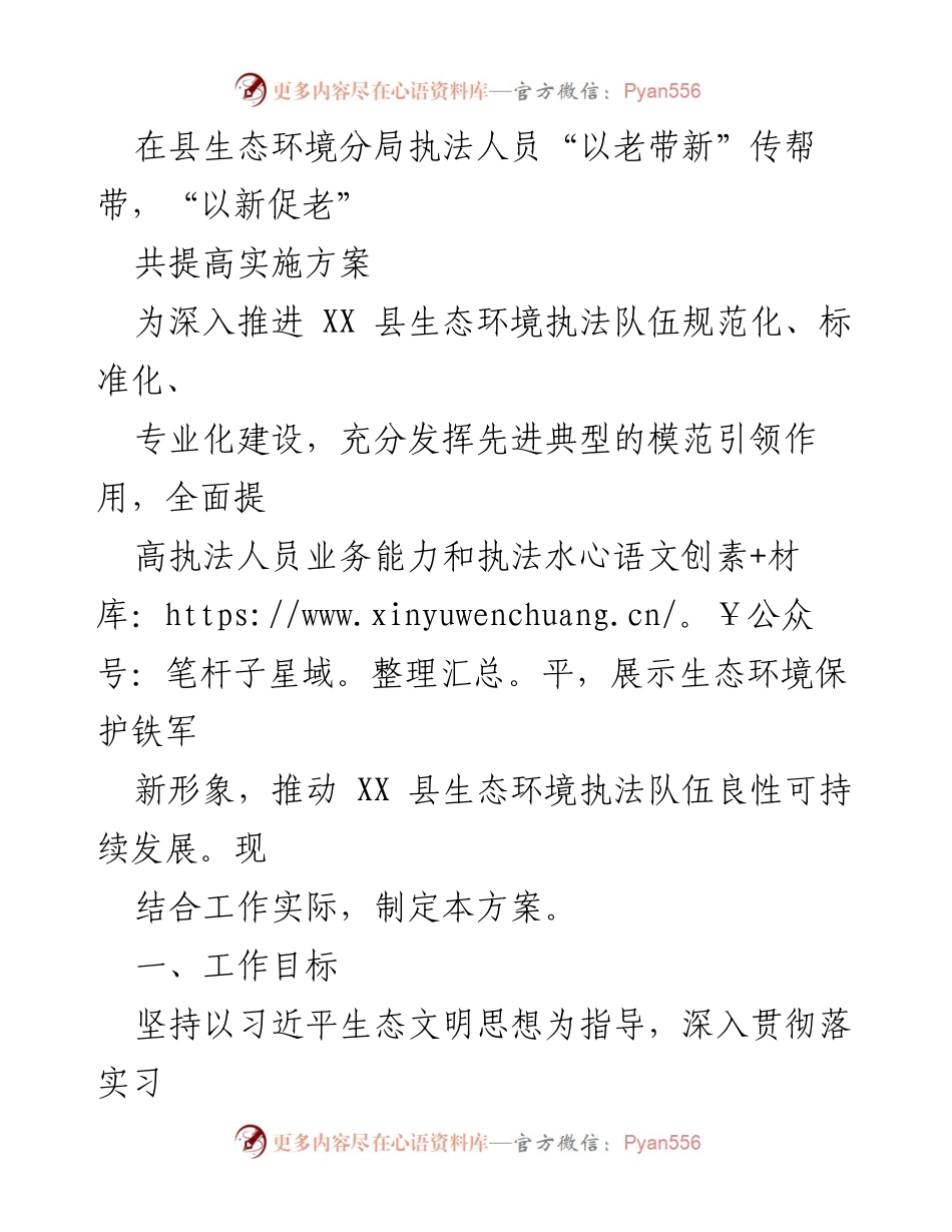 [工作方案] 生态环境执法培训 - 提升执法能力的“以老带新”工作方案.docx_第1页