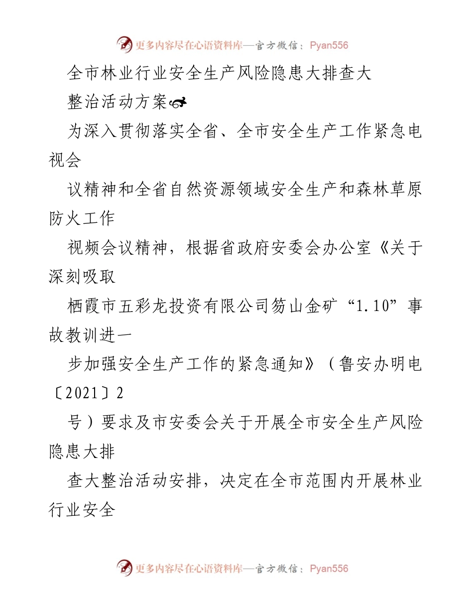 [工作方案] 林业行业 - 全市林业行业安全生产风险隐患大排查大整治活动方案.docx_第1页