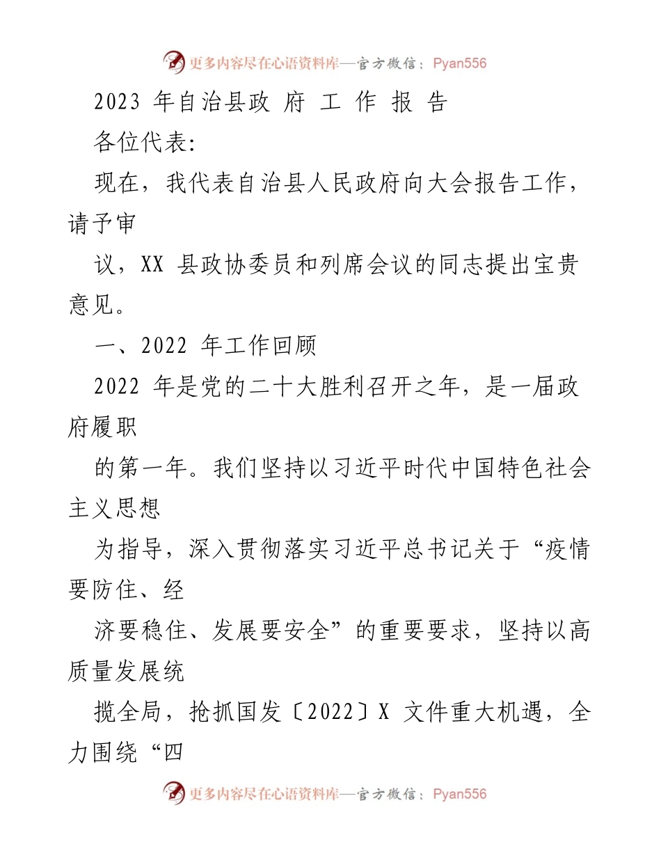 [工作报告] 自治县人民政府大会 - 2023年自治县政府工作报告.docx_第1页