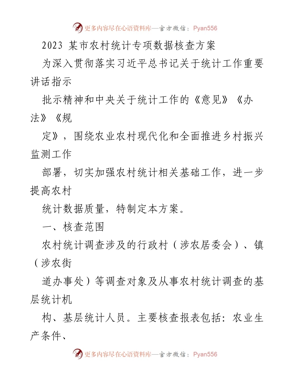 [工作方案] 农村统计核查 - 2023年某市农村统计数据核查实施方案.docx_第1页
