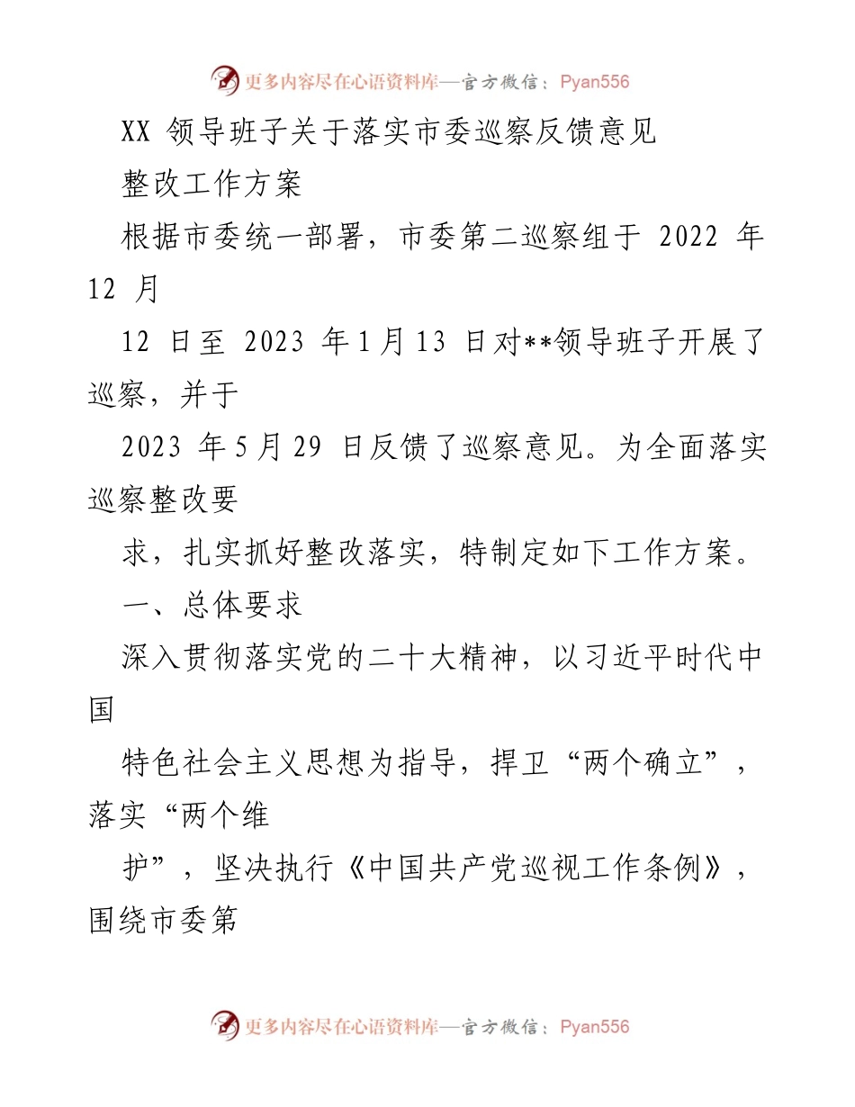 [工作方案] 巡察整改 - XX 领导班子巡察反馈意见整改工作方案.docx_第1页