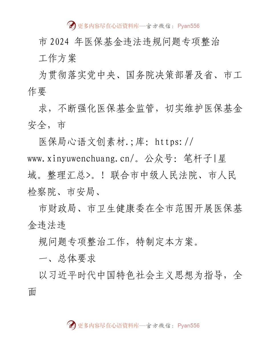 [工作方案] 医保基金监管 - 市2024年医保基金违法违规问题专项整治工作方案.docx_第1页