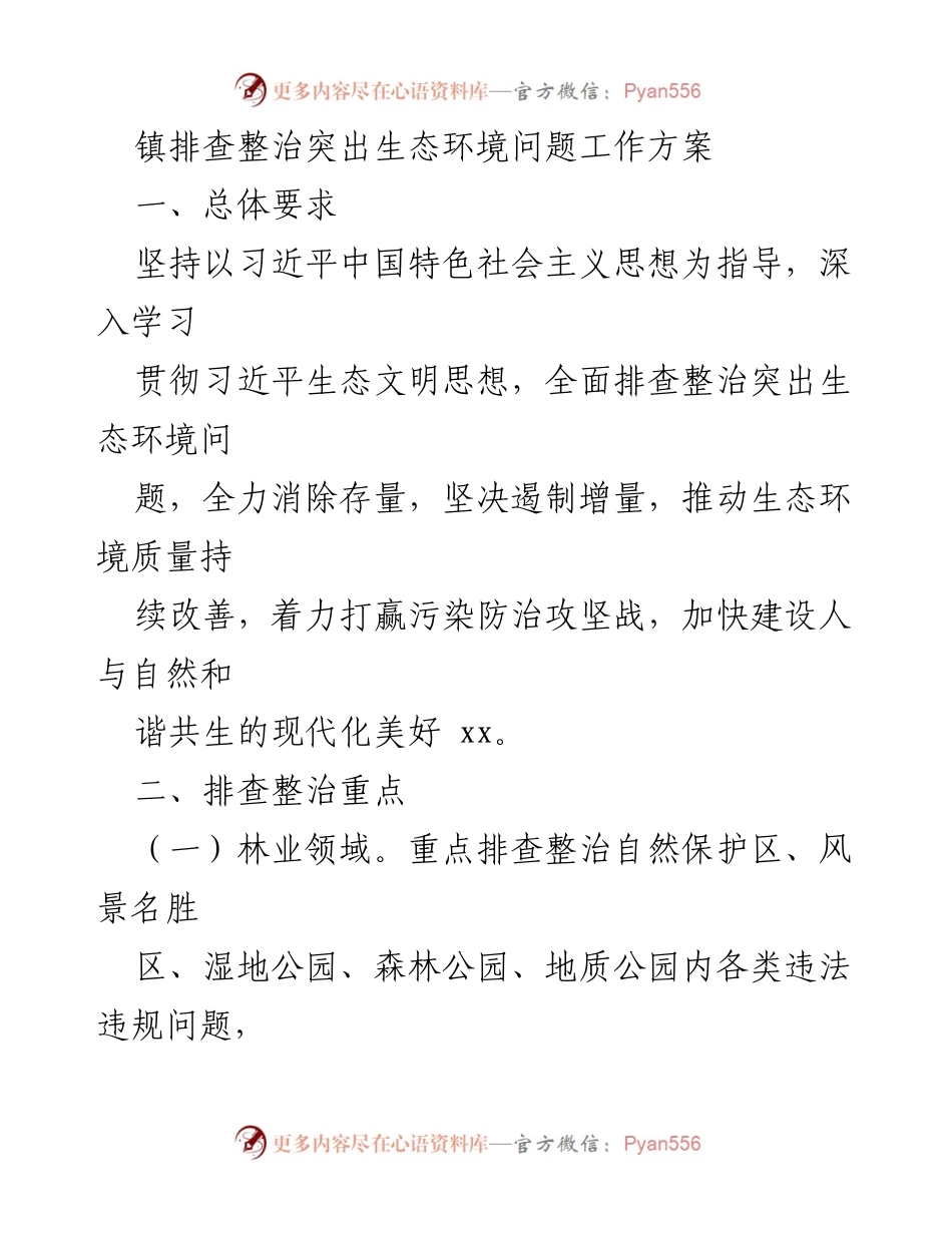 [工作方案] 镇生态环境整治 - 镇排查整治突出生态环境问题工作方案.docx_第1页