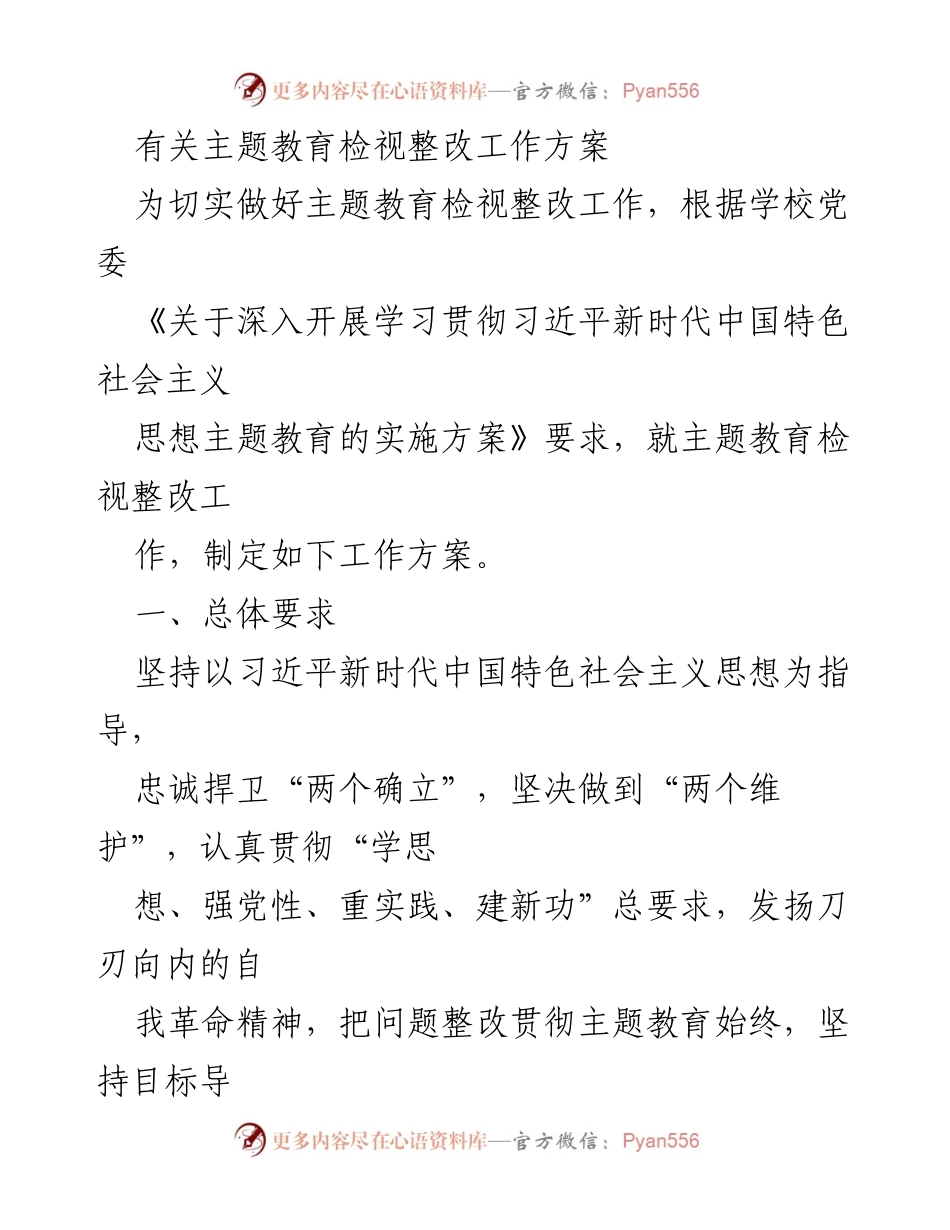 [工作方案] 学校主题教育 - 主题教育检视整改工作方案.docx_第1页