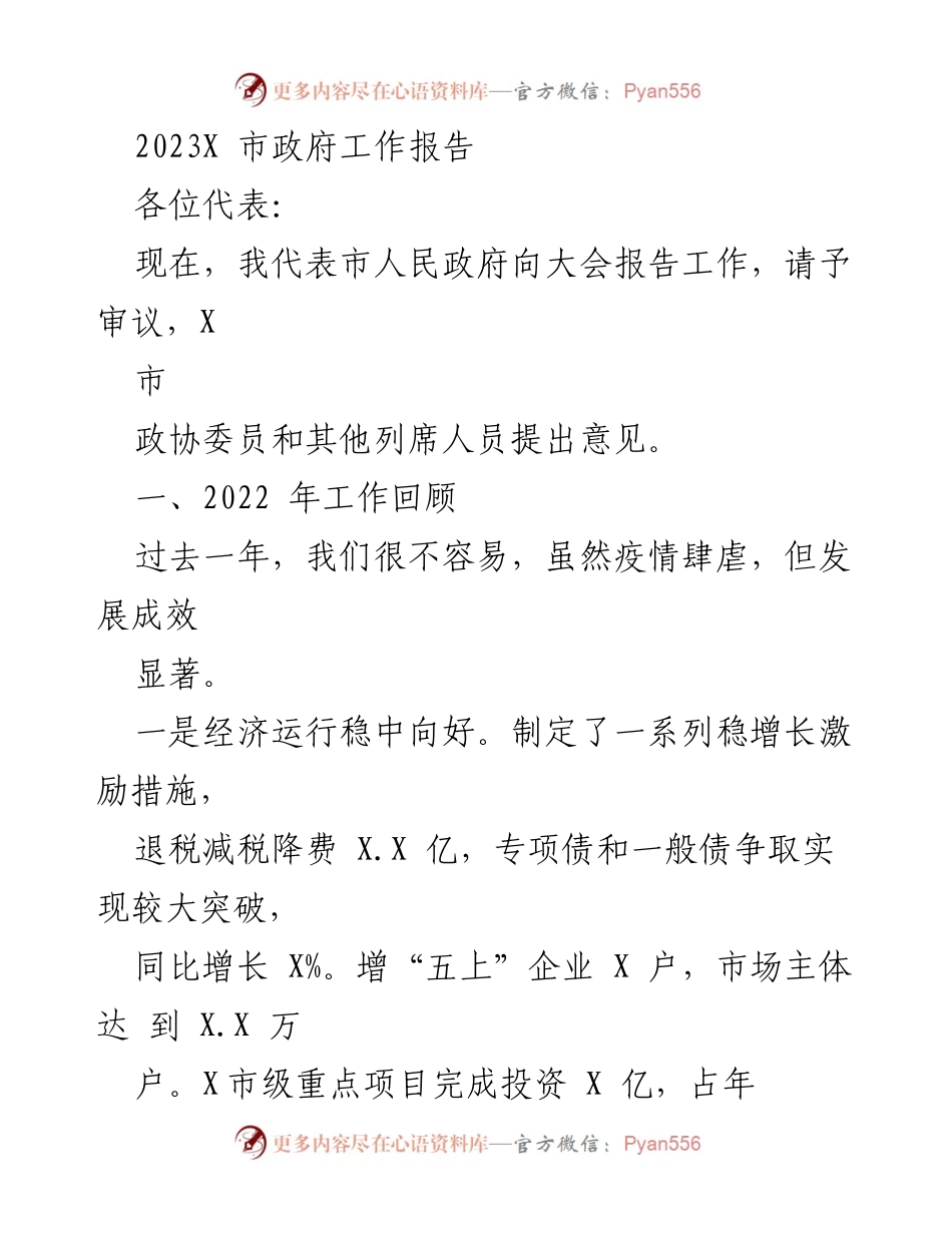 [工作报告] 市政府大会 - 2023年X市政府工作报告_1.docx_第1页