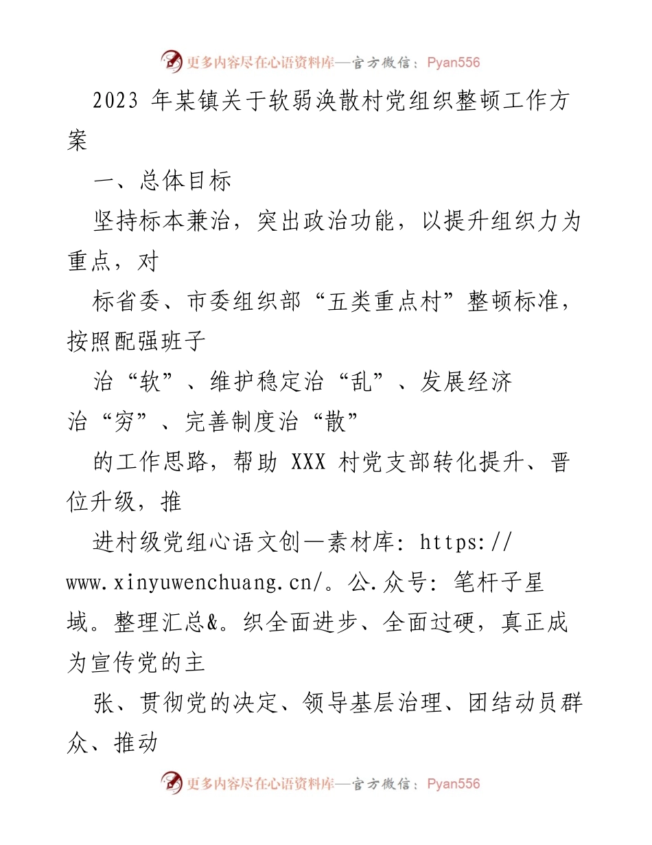 [工作方案] 镇党委 - 2023年软弱涣散村党组织整顿工作方案.docx_第1页