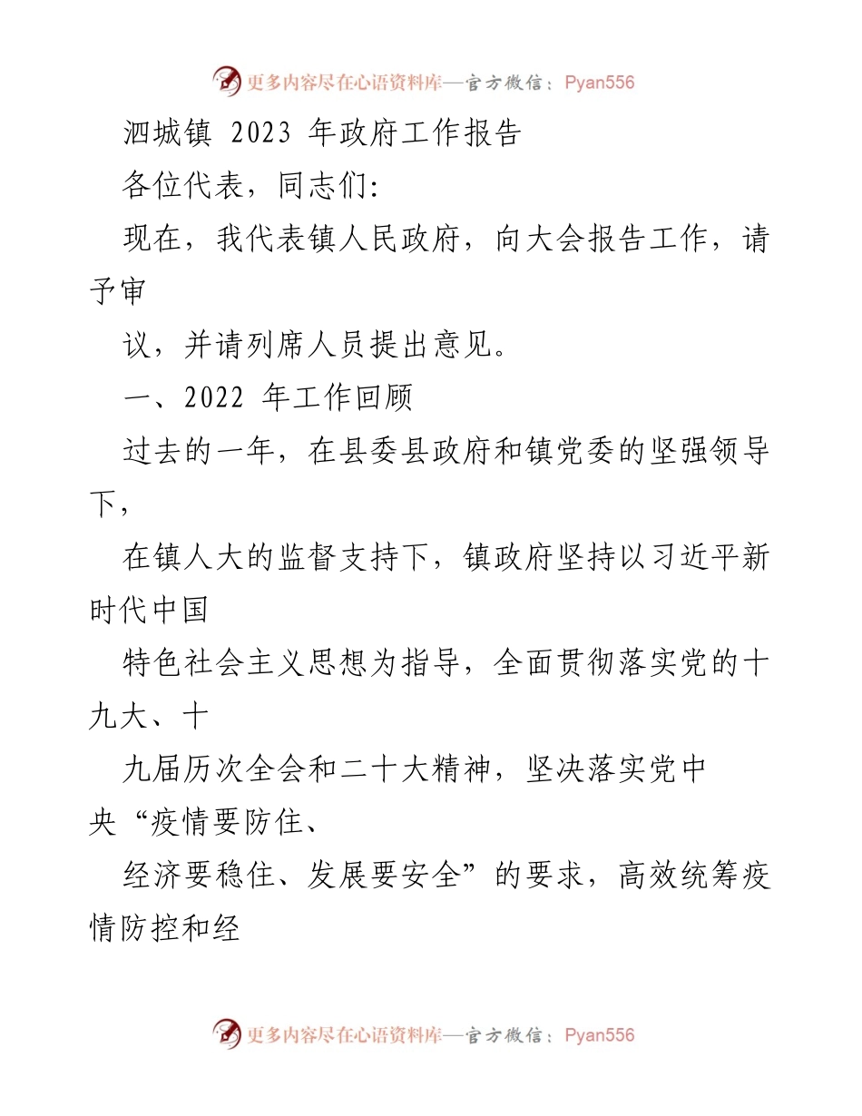 [工作报告] 镇政府会议 - 泗城镇2023年政府工作报告总结与展望.docx_第1页