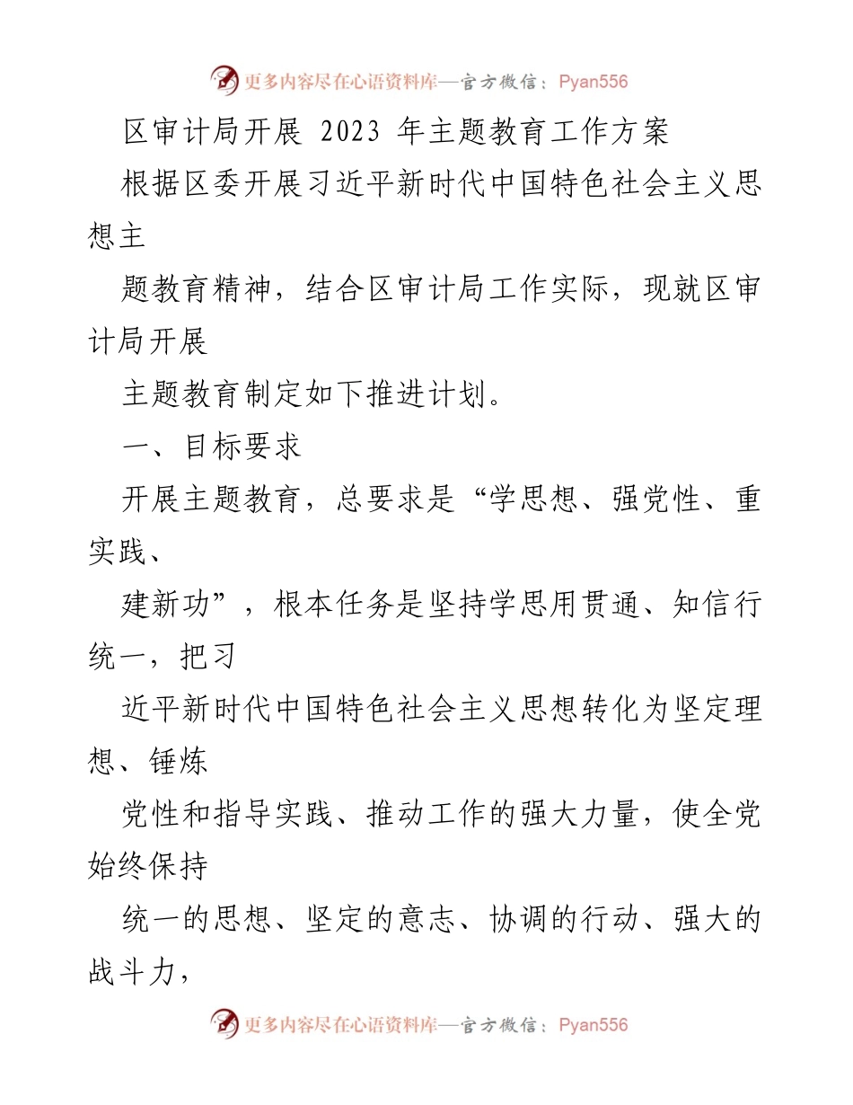 [工作方案] 主题教育 - 区审计局2023年主题教育工作推进计划.docx_第1页
