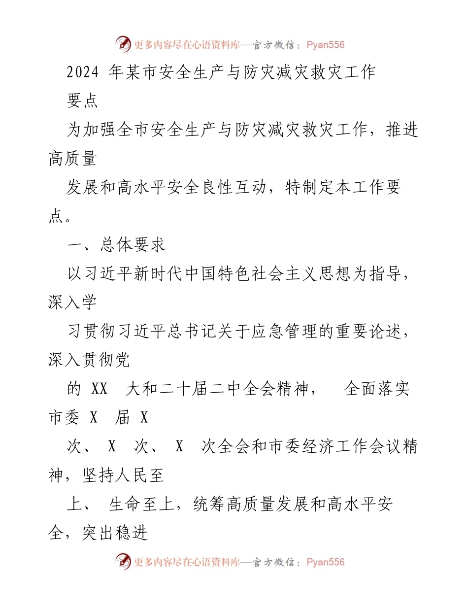 [工作要点] 安全生产与防灾减灾 - 2024年某市安全生产与防灾减灾工作要点.docx_第1页