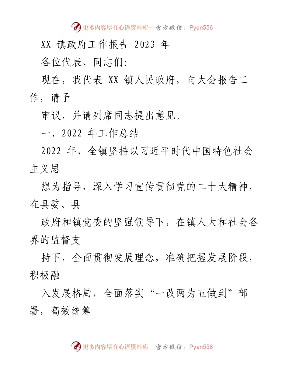 [工作报告] 镇政府会议 - XX 镇政府2023年工作总结与发展规划.docx_第1页