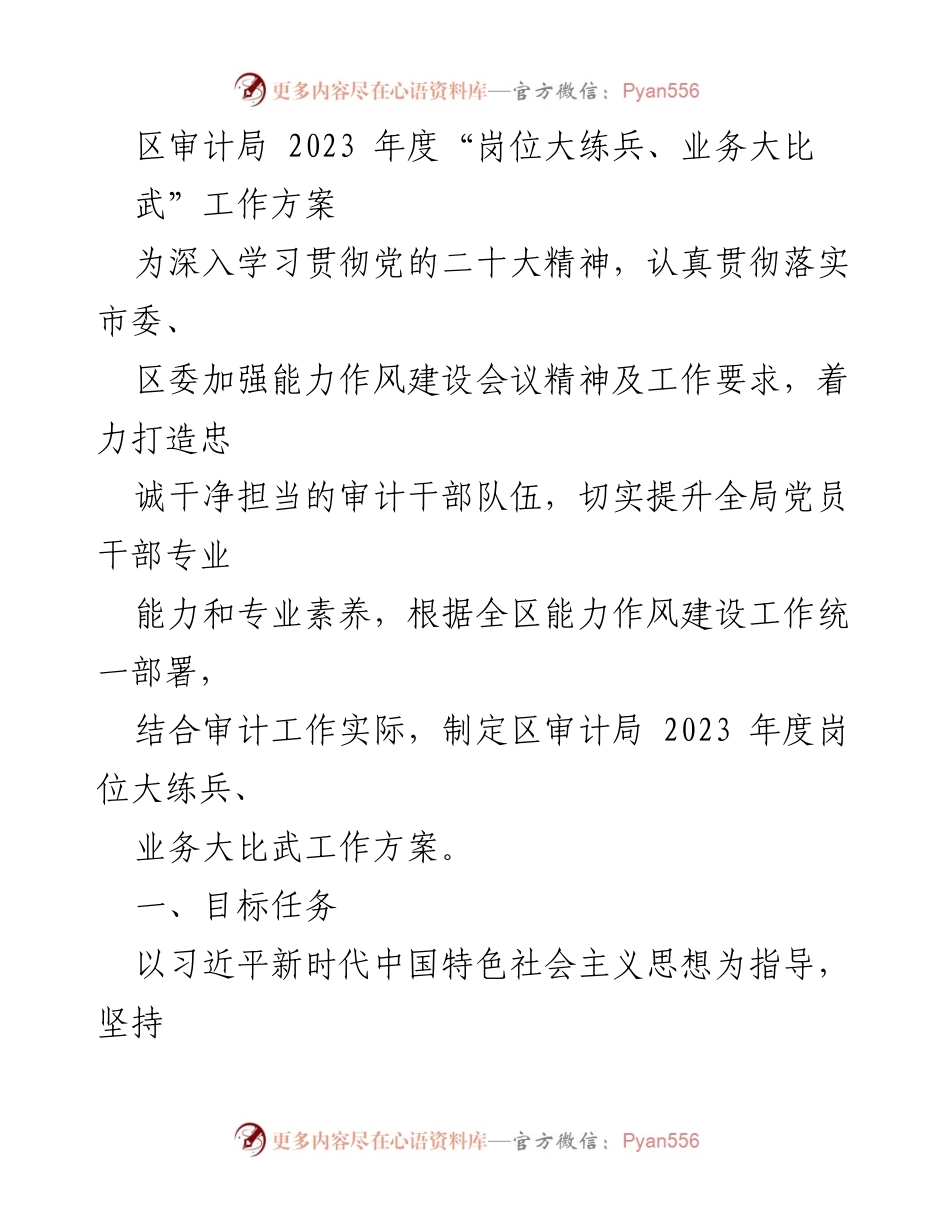[工作方案] 区审计局 - 2023年度岗位大练兵与业务大比武实施方案.docx_第1页