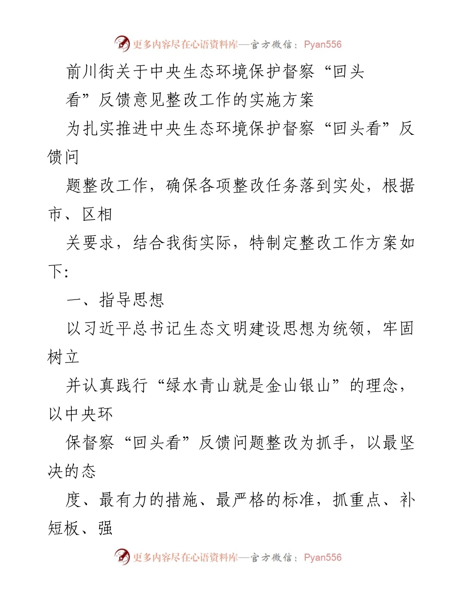 [工作方案] 生态环境保护 - 前川街中央生态环境保护督察整改工作实施方案.docx_第1页