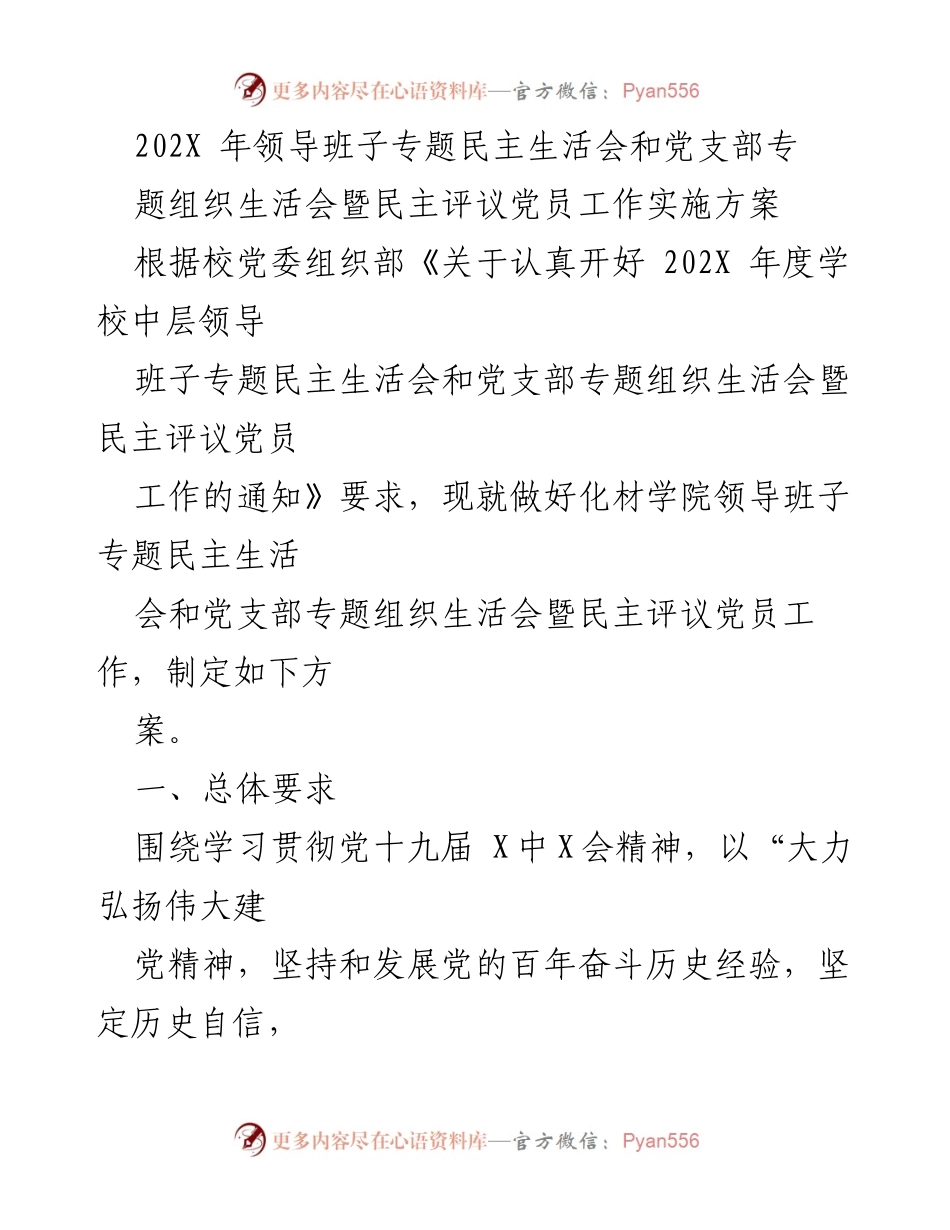 [工作方案] 党组织生活会 - 202X年化材学院领导班子专题民主生活会实施方案.docx_第1页